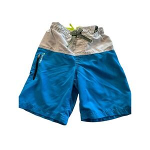 Gerry Shorts Boys Gray Blue Neon Yellow Swim Trunks Drawstring Sz Small 7/8‎ EUC